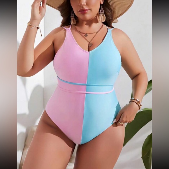 SHEIN Other - Swimsuit Plus Two Tone Backless One Piece, Cotton Candy Blue & Pink, Siz…